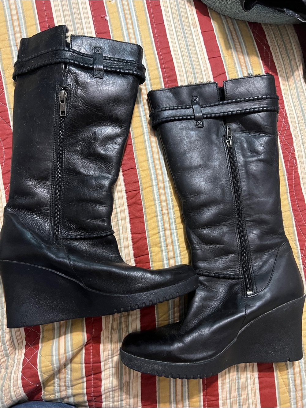 UGG Black Wedge Mid-Calf Leather Boots Sz 8